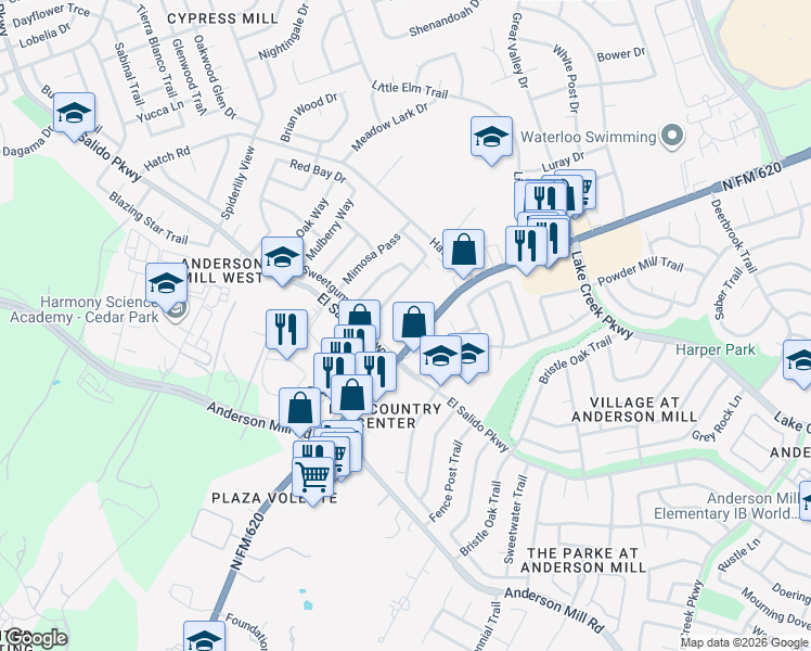 map of restaurants, bars, coffee shops, grocery stores, and more near 11900 Ranch Road 620 North in Austin