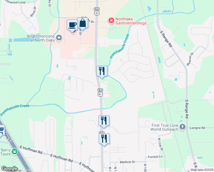 map of restaurants, bars, coffee shops, grocery stores, and more near 16044 Halbert Drive in Hammond