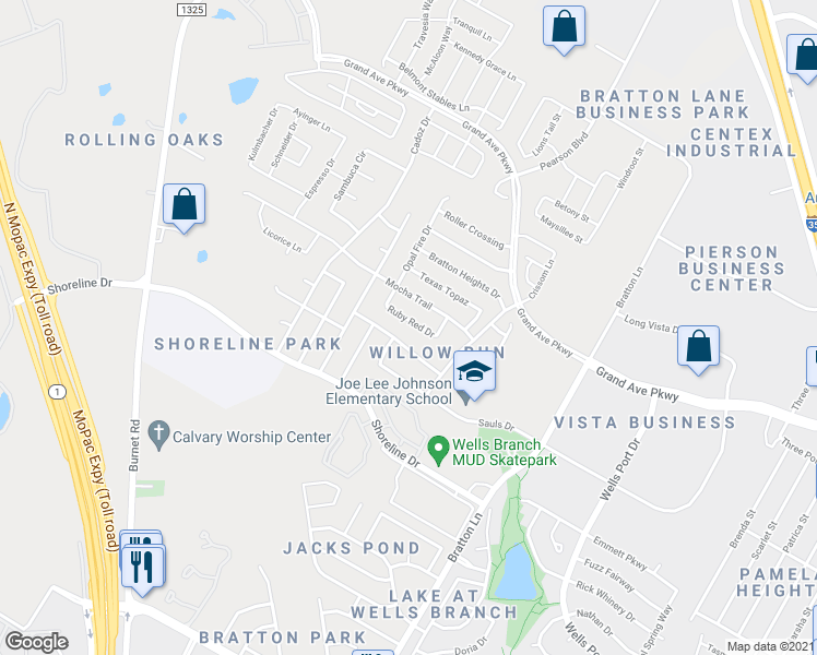map of restaurants, bars, coffee shops, grocery stores, and more near 3529 Ruby Red Drive in Austin