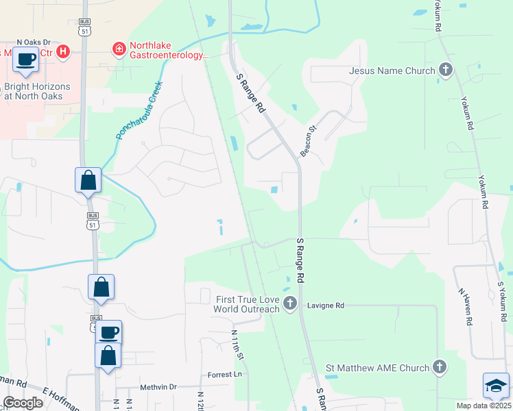 map of restaurants, bars, coffee shops, grocery stores, and more near 41466 Jefferson Road in Ponchatoula