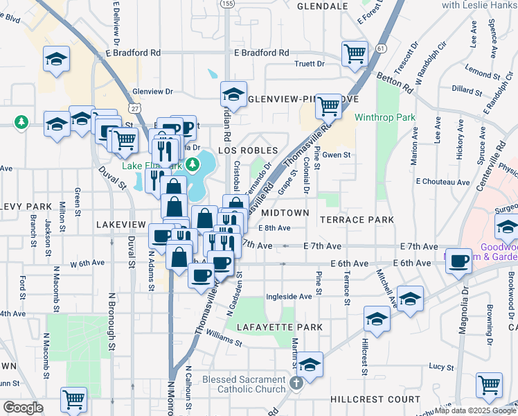 map of restaurants, bars, coffee shops, grocery stores, and more near 1447 Thomasville Road in Tallahassee