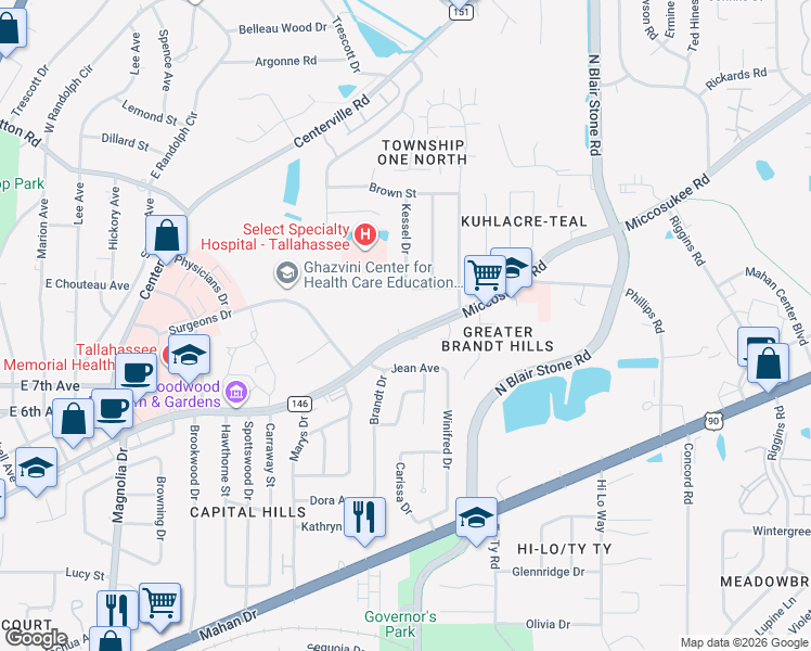 map of restaurants, bars, coffee shops, grocery stores, and more near 1904 Miccosukee Road in Tallahassee