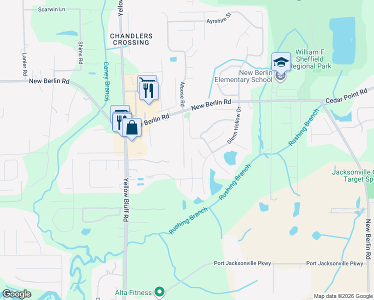 map of restaurants, bars, coffee shops, grocery stores, and more near 12329 Moose Road in Jacksonville