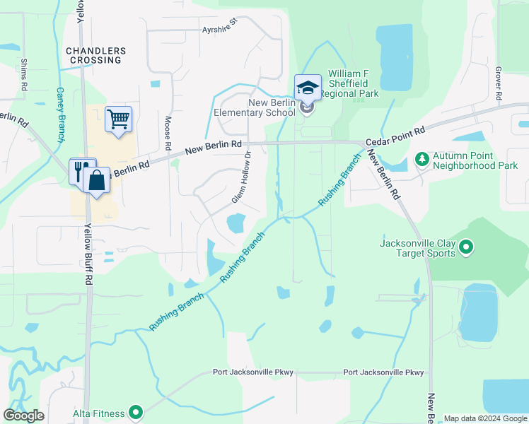 map of restaurants, bars, coffee shops, grocery stores, and more near 3493 Hickory Landing Court in Jacksonville