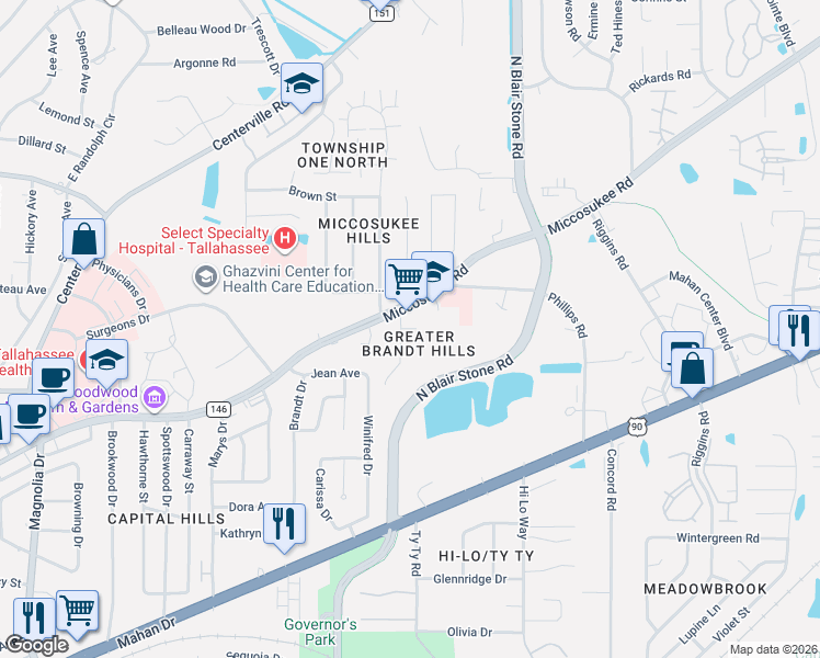 map of restaurants, bars, coffee shops, grocery stores, and more near 1413 McCauley Road in Tallahassee