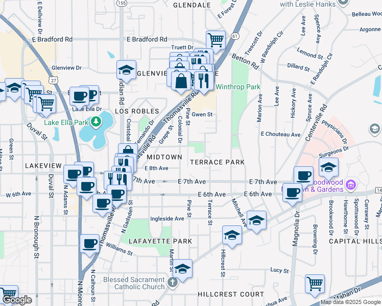 map of restaurants, bars, coffee shops, grocery stores, and more near 1449 Pine Street in Tallahassee