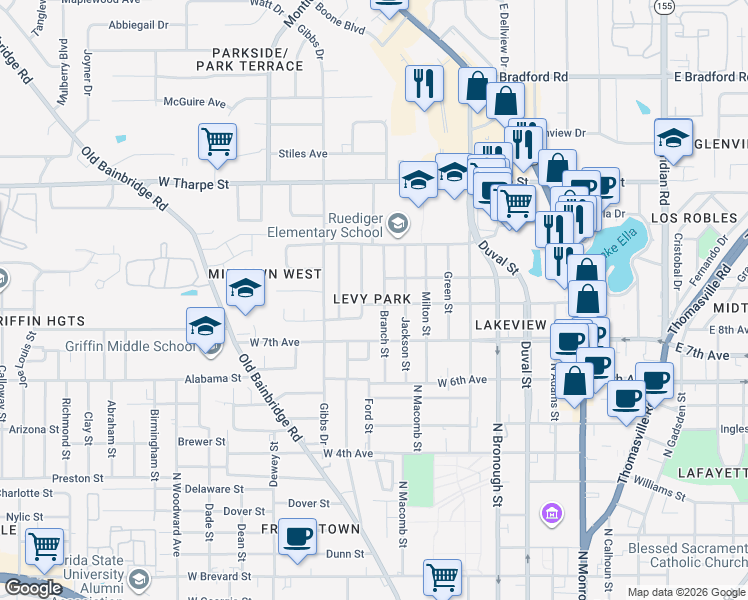 map of restaurants, bars, coffee shops, grocery stores, and more near 609 West 8th Avenue in Tallahassee
