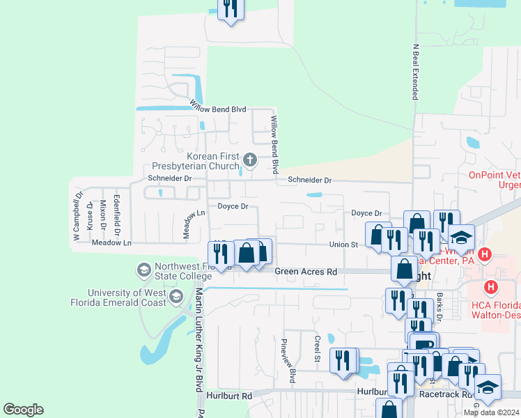 map of restaurants, bars, coffee shops, grocery stores, and more near 1325 Greendale Avenue in Shalimar