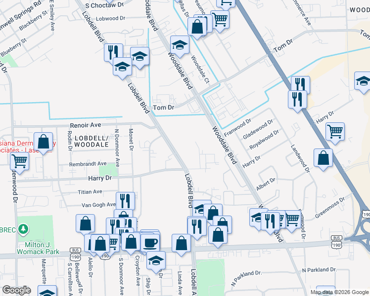 map of restaurants, bars, coffee shops, grocery stores, and more near 900-980 North Lobdell Boulevard in Baton Rouge