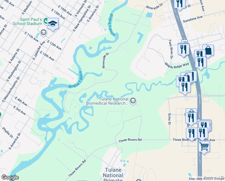 map of restaurants, bars, coffee shops, grocery stores, and more near 71130 Riverside Drive in Covington