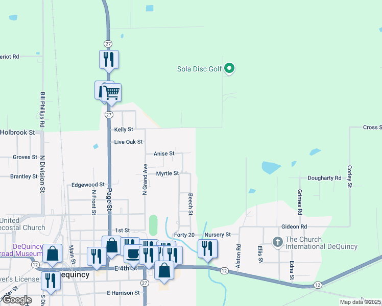 map of restaurants, bars, coffee shops, grocery stores, and more near 1099 Anise St in DeQuincy