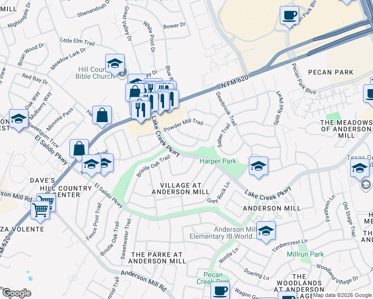 map of restaurants, bars, coffee shops, grocery stores, and more near 11301 Thorny Brook Trail in Austin
