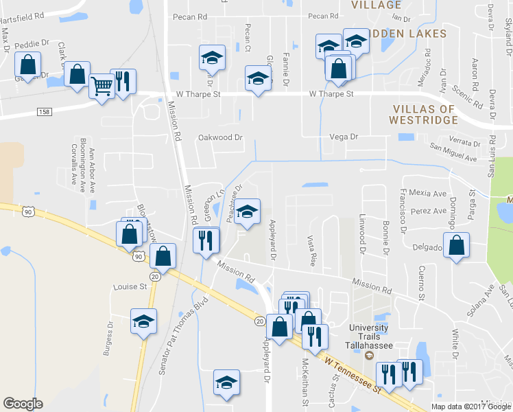 map of restaurants, bars, coffee shops, grocery stores, and more near 1321 Dura Circle in Tallahassee