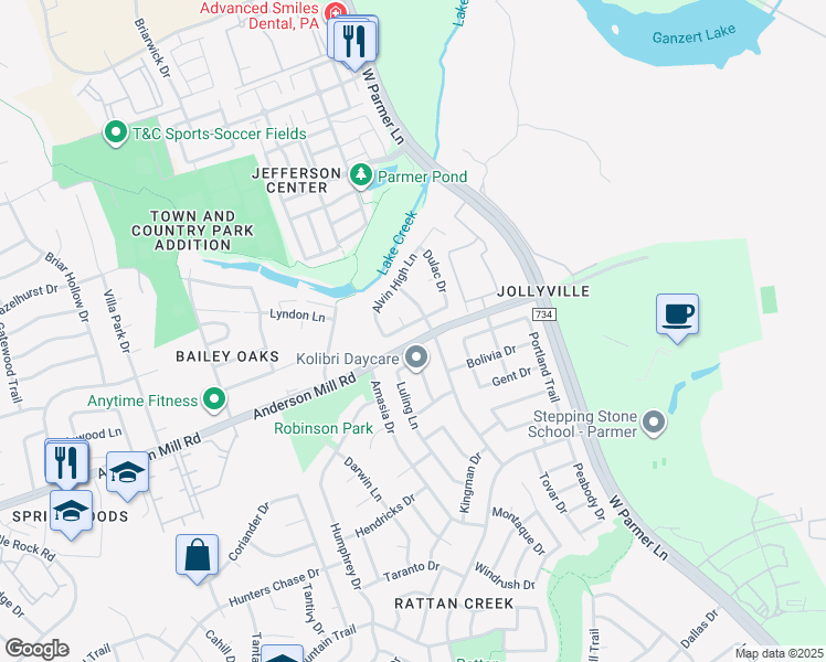 map of restaurants, bars, coffee shops, grocery stores, and more near 13437 Dulles Avenue in Austin