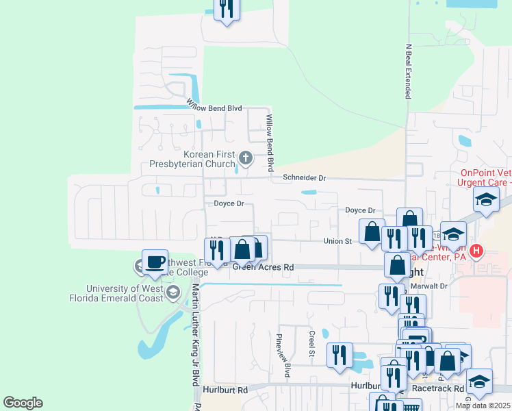 map of restaurants, bars, coffee shops, grocery stores, and more near 1325 Greendale Avenue in Shalimar