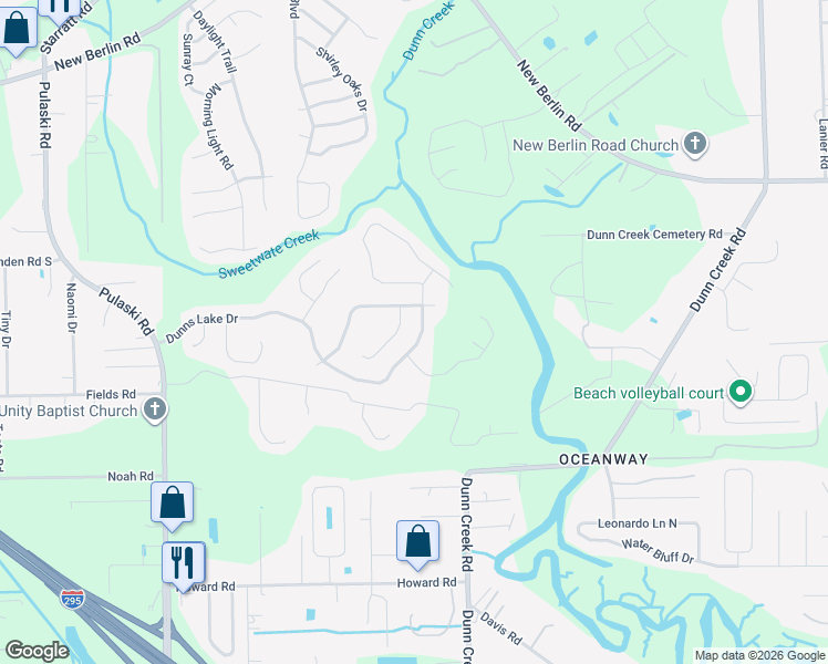 map of restaurants, bars, coffee shops, grocery stores, and more near 1539 Dunns Lake Drive East in Jacksonville