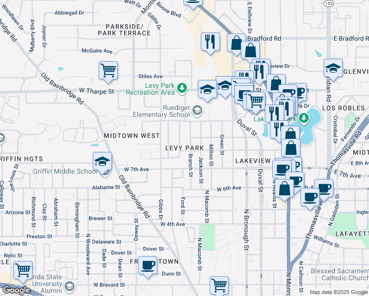 map of restaurants, bars, coffee shops, grocery stores, and more near 609 West 8th Avenue in Tallahassee