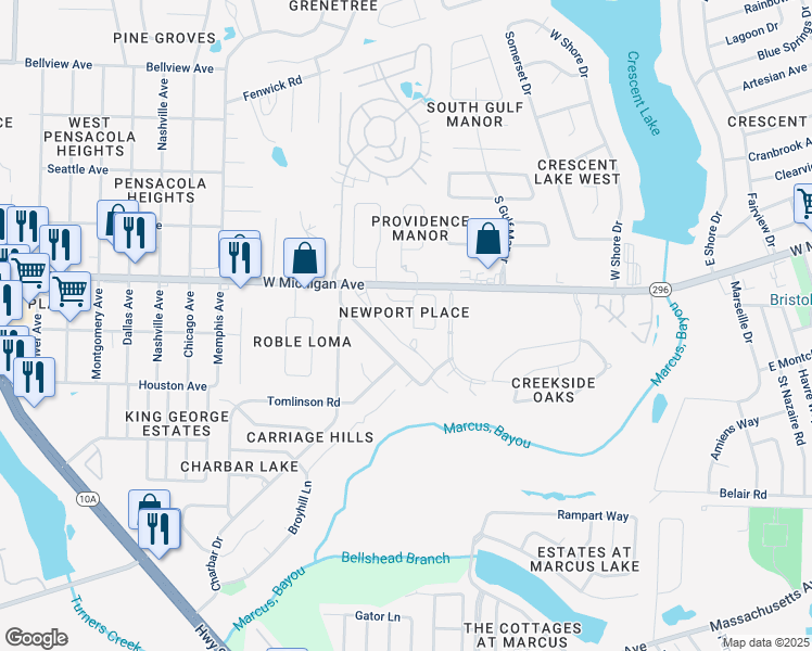 map of restaurants, bars, coffee shops, grocery stores, and more near 2468 Spyglass Circle in Pensacola