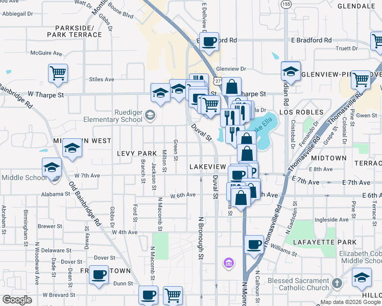 map of restaurants, bars, coffee shops, grocery stores, and more near 319 West 8th Avenue in Tallahassee
