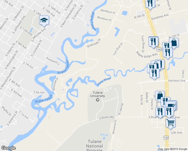 map of restaurants, bars, coffee shops, grocery stores, and more near 71130 Riverside Drive in Covington