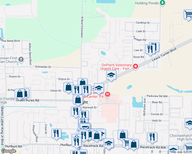 map of restaurants, bars, coffee shops, grocery stores, and more near 1100 Crosswinds Landing in Fort Walton Beach