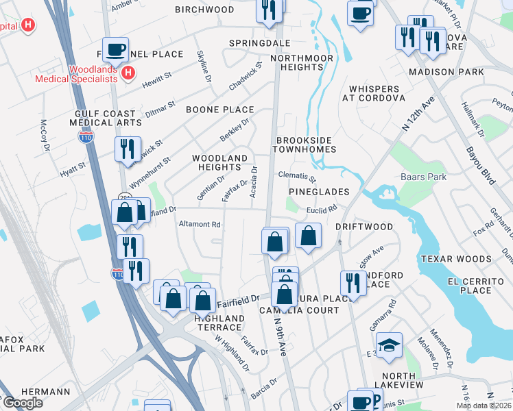 map of restaurants, bars, coffee shops, grocery stores, and more near 809 Woodland Drive in Pensacola