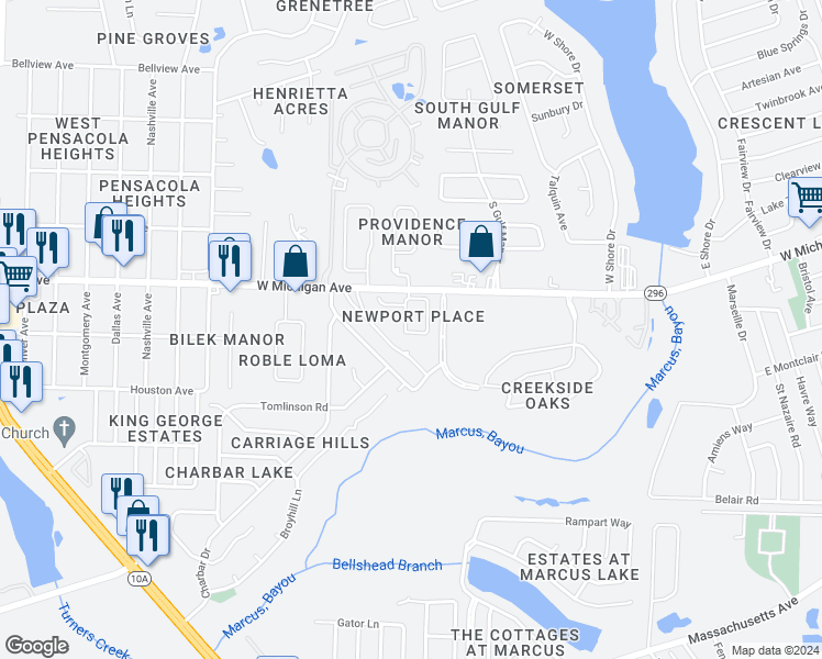 map of restaurants, bars, coffee shops, grocery stores, and more near 2473 Spyglass Circle in Pensacola