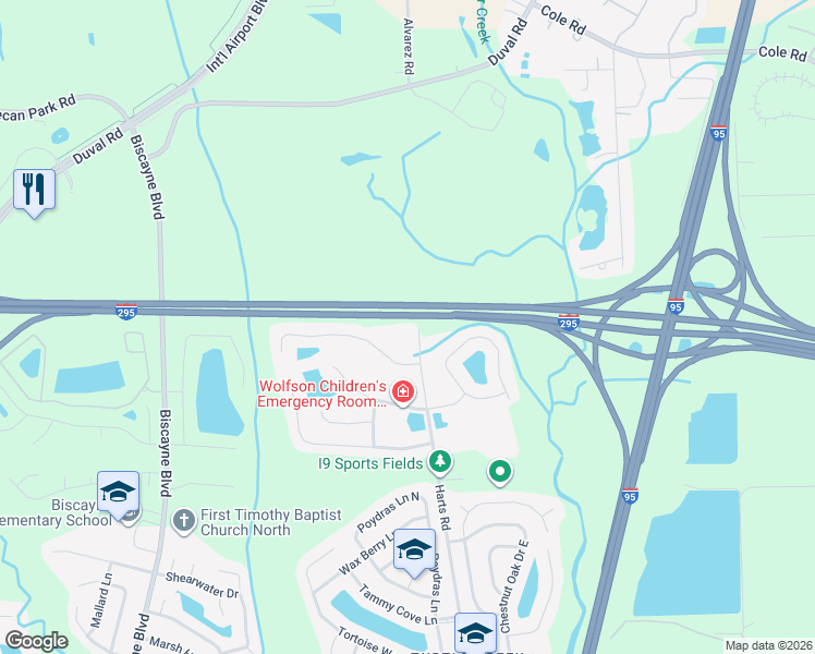 map of restaurants, bars, coffee shops, grocery stores, and more near 12334 Harts Road in Jacksonville