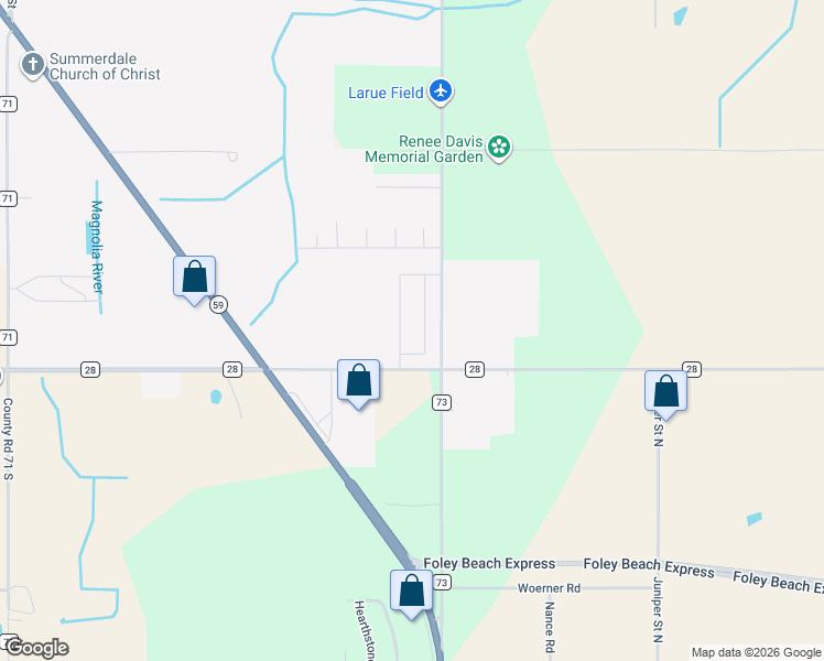 map of restaurants, bars, coffee shops, grocery stores, and more near 16172 County Road 73 in Foley