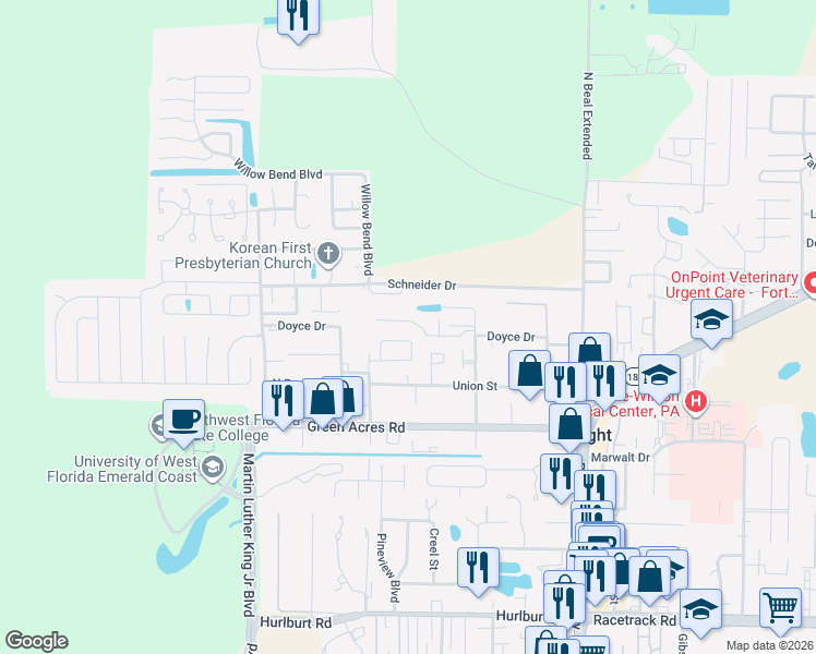map of restaurants, bars, coffee shops, grocery stores, and more near 1788 Old Ranch Road in Fort Walton Beach