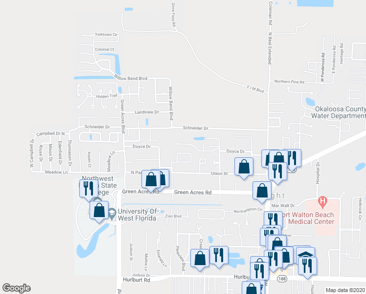 map of restaurants, bars, coffee shops, grocery stores, and more near 1824 Whispering Oaks Lane in Fort Walton Beach