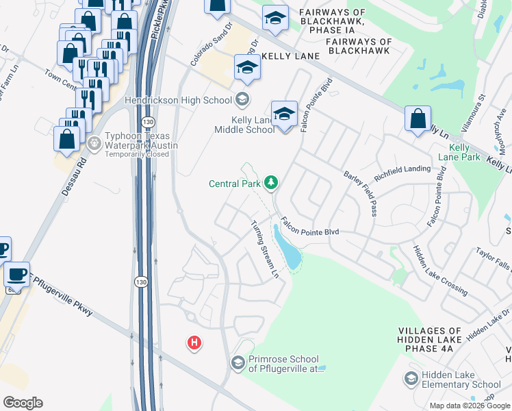 map of restaurants, bars, coffee shops, grocery stores, and more near 2616 Creeping Vine Court in Pflugerville