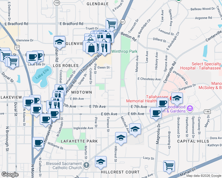map of restaurants, bars, coffee shops, grocery stores, and more near 1354 Terrace Street in Tallahassee