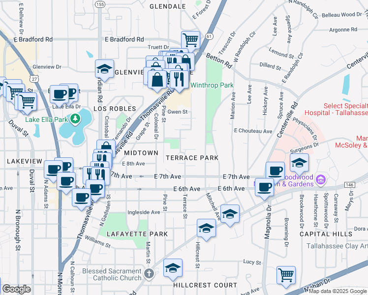 map of restaurants, bars, coffee shops, grocery stores, and more near 1354 Terrace Street in Tallahassee