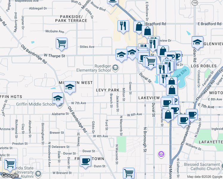 map of restaurants, bars, coffee shops, grocery stores, and more near 609 West 8th Avenue in Tallahassee