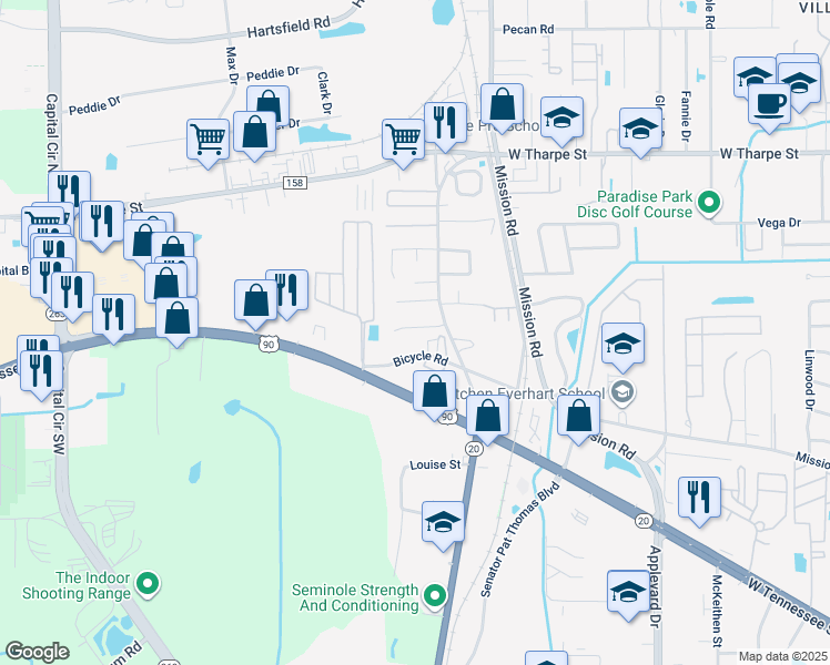 map of restaurants, bars, coffee shops, grocery stores, and more near 3128 Bicycle Road in Tallahassee