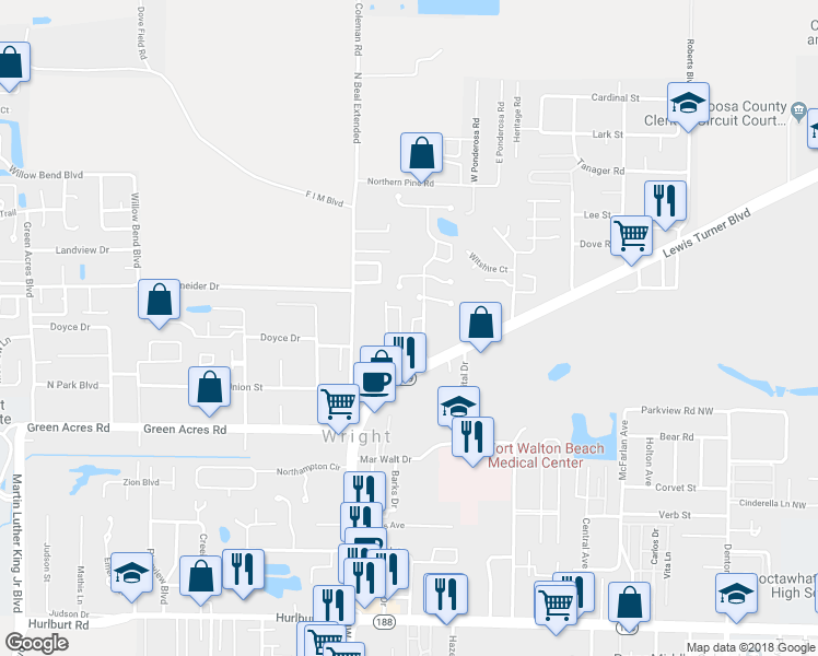 map of restaurants, bars, coffee shops, grocery stores, and more near 1100 Crosswinds Landing in Fort Walton Beach