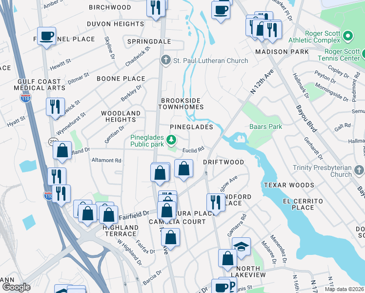 map of restaurants, bars, coffee shops, grocery stores, and more near 175 Euclid Road in Pensacola