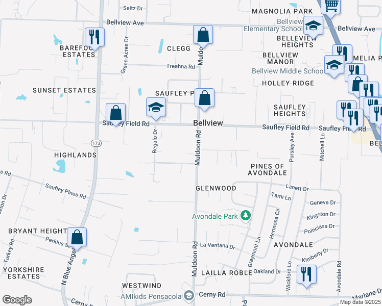 map of restaurants, bars, coffee shops, grocery stores, and more near 5010 Regalo Drive in Pensacola