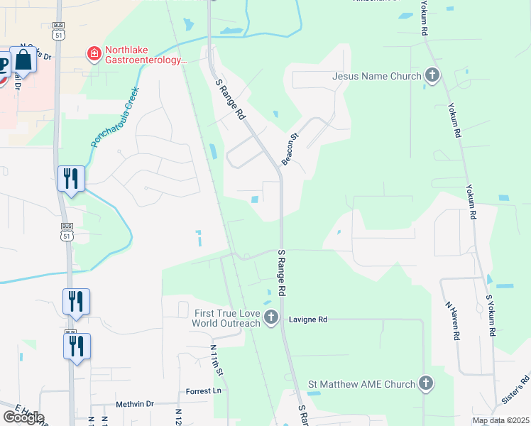 map of restaurants, bars, coffee shops, grocery stores, and more near 41466 Jefferson Road in Ponchatoula
