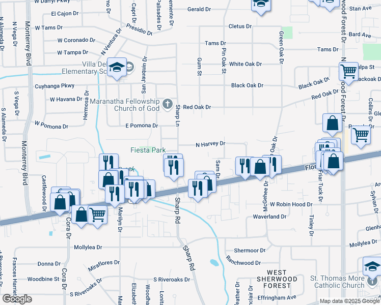 map of restaurants, bars, coffee shops, grocery stores, and more near 680 Sharp Lane in Baton Rouge