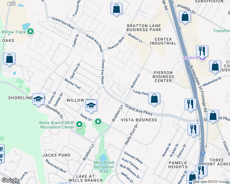 map of restaurants, bars, coffee shops, grocery stores, and more near 15720 Bratton Lane in Austin
