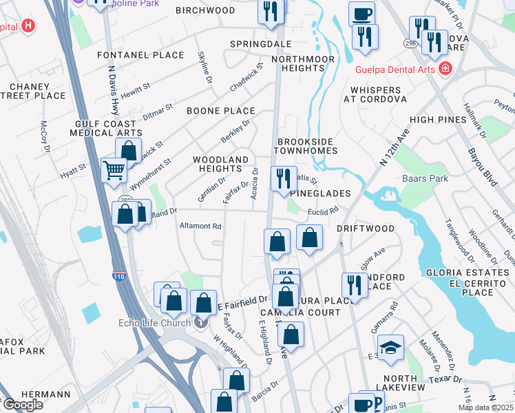 map of restaurants, bars, coffee shops, grocery stores, and more near 809 Woodland Drive in Pensacola