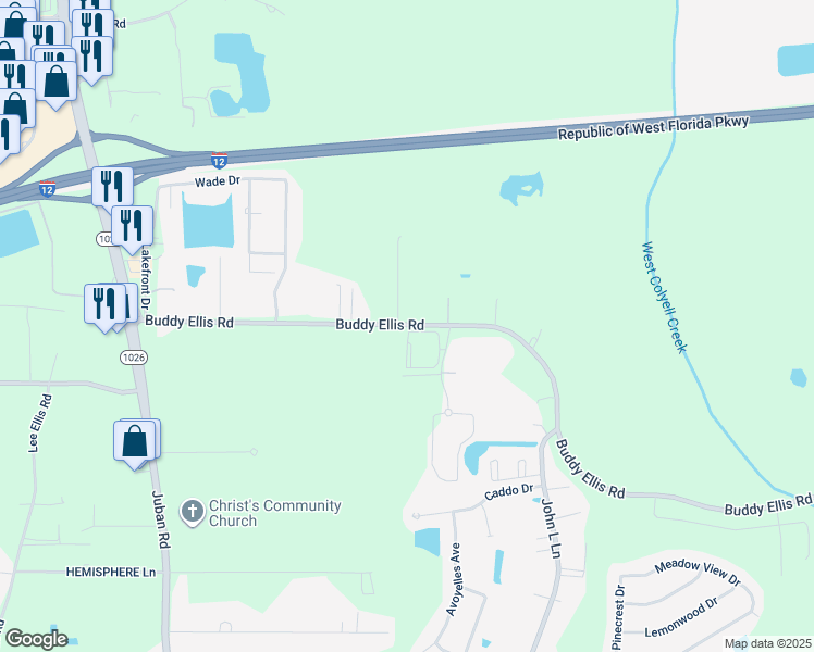 map of restaurants, bars, coffee shops, grocery stores, and more near 11000 Buddy Ellis Road in Denham Springs