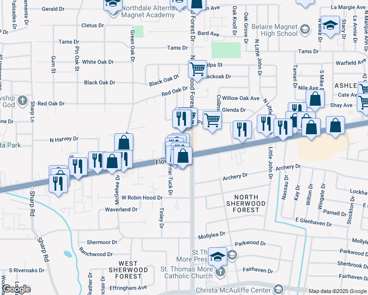 map of restaurants, bars, coffee shops, grocery stores, and more near 11297 Florida Boulevard in Baton Rouge
