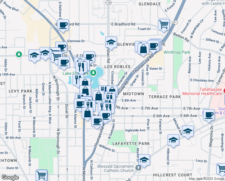 map of restaurants, bars, coffee shops, grocery stores, and more near 1513 Cristobal Drive in Tallahassee
