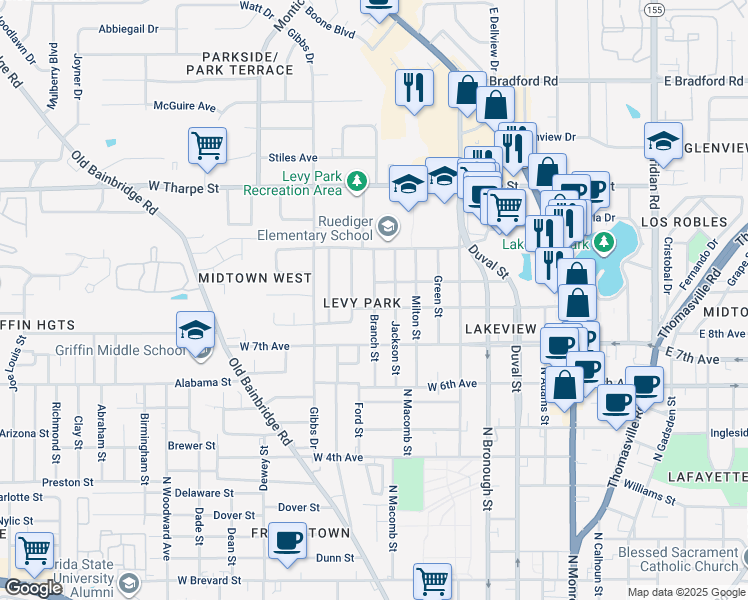 map of restaurants, bars, coffee shops, grocery stores, and more near 609 West 8th Avenue in Tallahassee