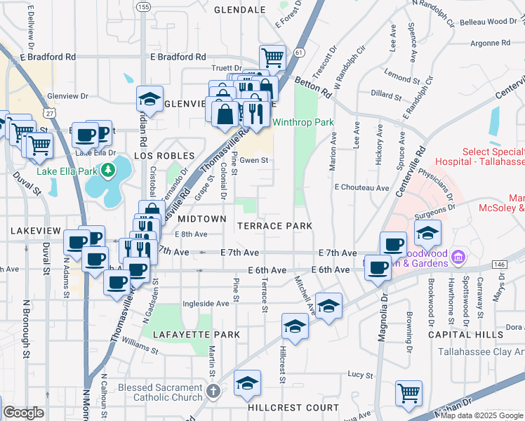 map of restaurants, bars, coffee shops, grocery stores, and more near 1354 Terrace Street in Tallahassee
