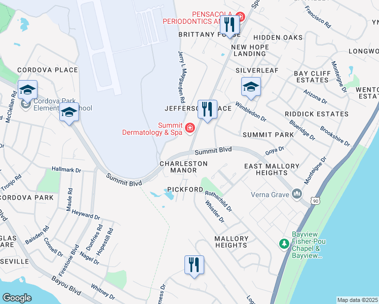 map of restaurants, bars, coffee shops, grocery stores, and more near Summit Blvd & Spanish Trail in Pensacola