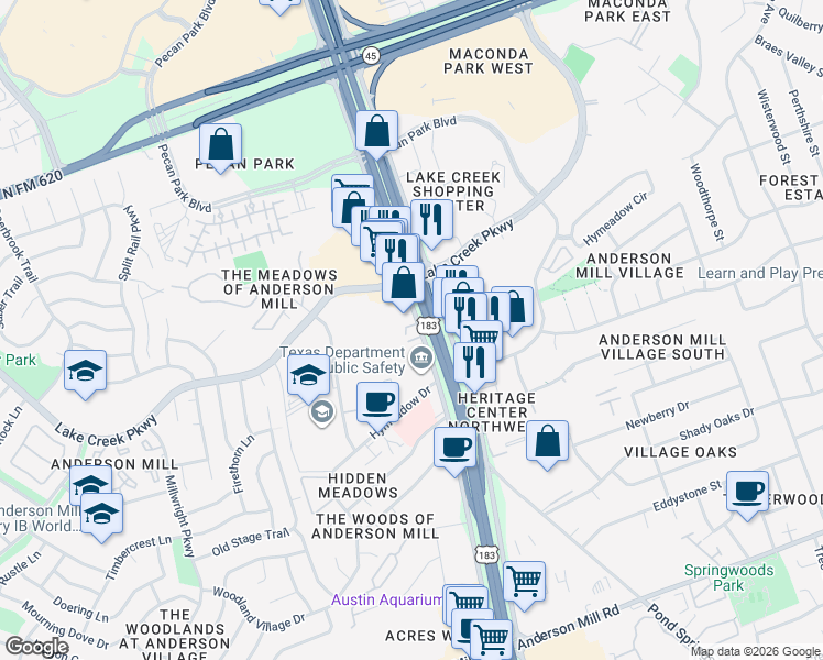 map of restaurants, bars, coffee shops, grocery stores, and more near 13740 Research Boulevard in Austin